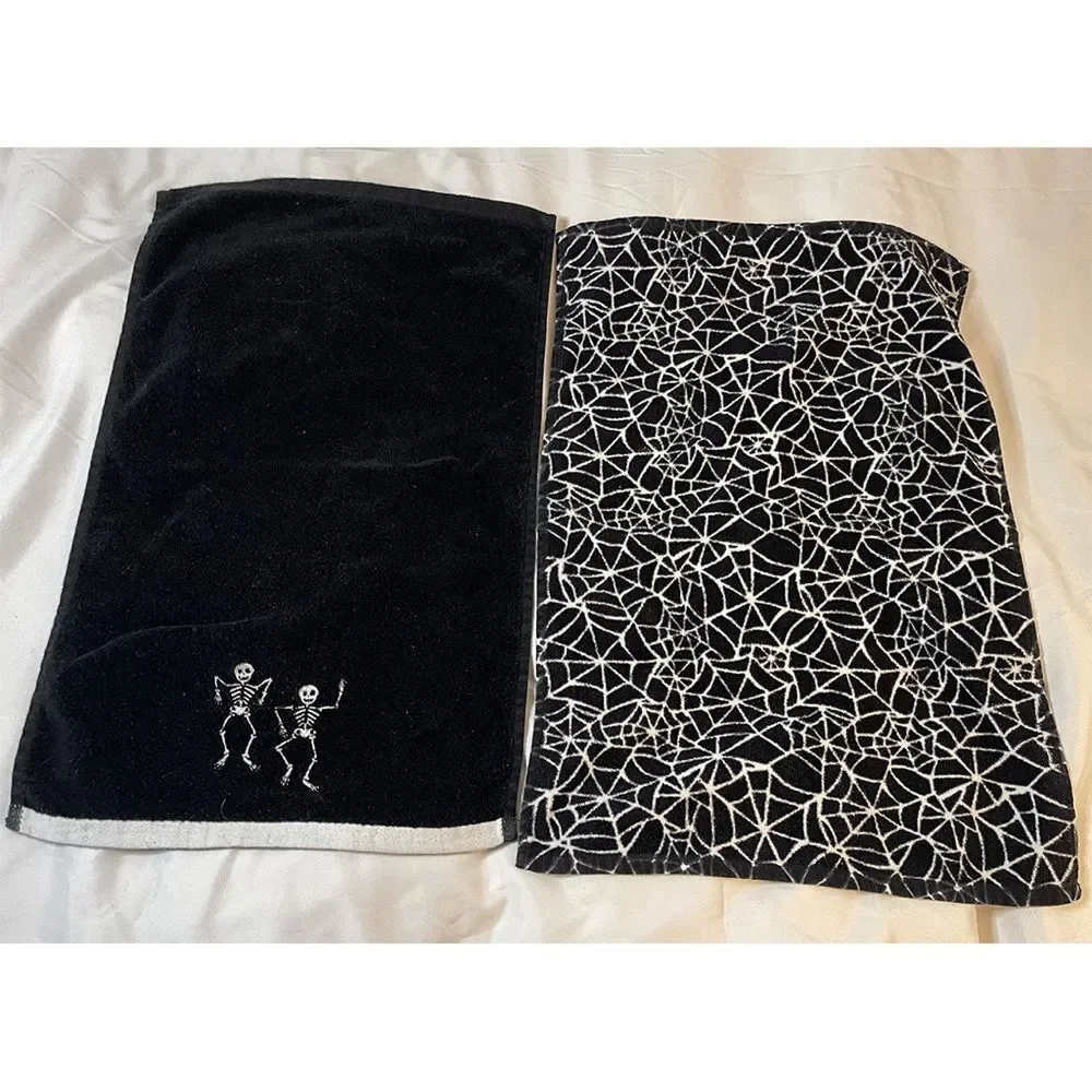 Halloween Skeleton & Spiderweb Dish Towel Set | Spooky Goth Kitchen Decor